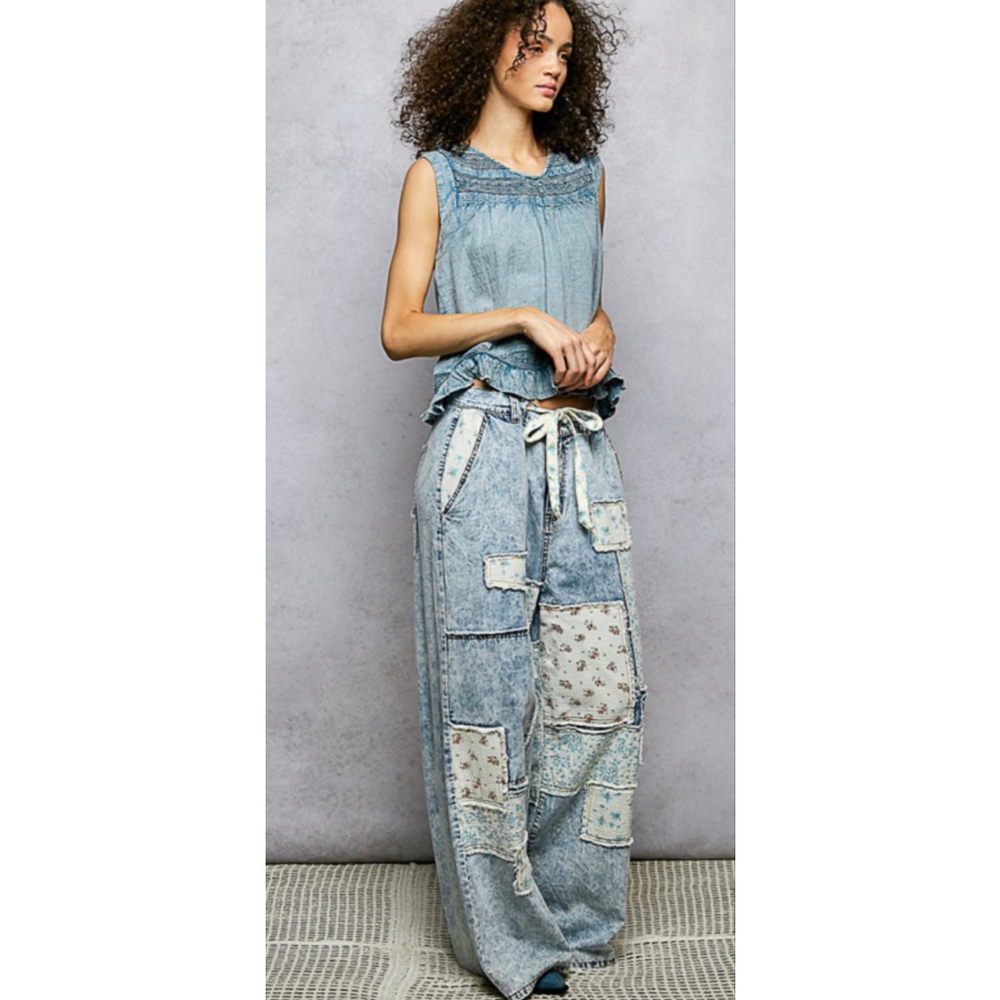 New POL Denim Patchwork Boho Chic Baggy Y2K Free People Vibe Pants Sizes M, L - Picture 4 of 9